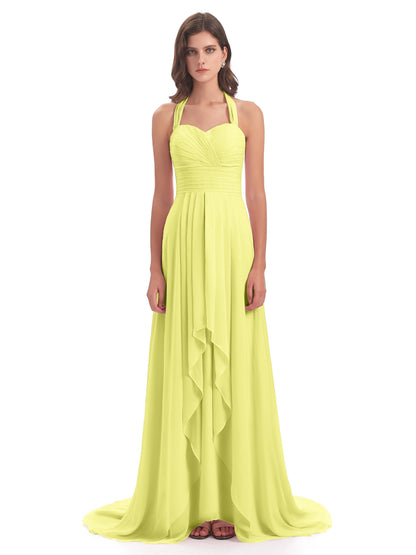 Ensley Court Train High-low Halter Chiffon Bridesmaid Dresses