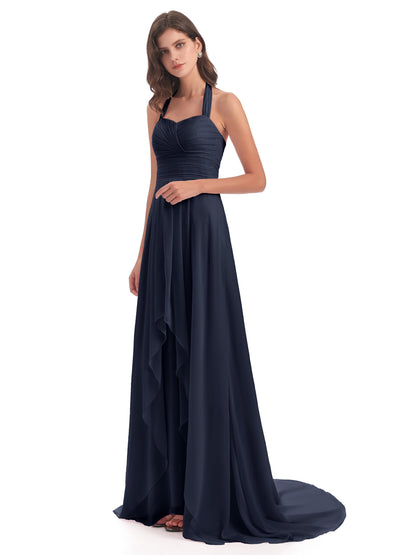 Ensley Court Train High-low Halter Chiffon Bridesmaid Dresses