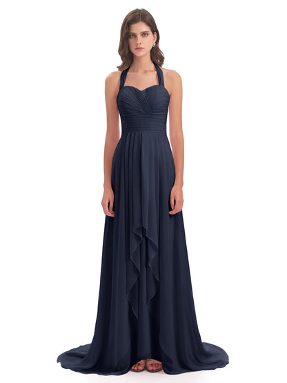 Ensley Court Train High-low Halter Chiffon Bridesmaid Dresses