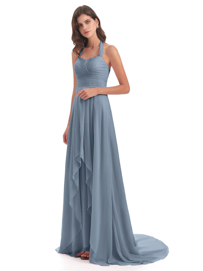 Ensley Court Train High-low Halter Chiffon Bridesmaid Dresses