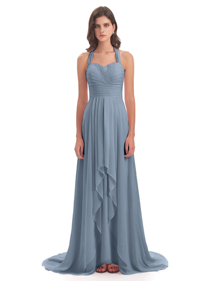 Ensley Court Train High-low Halter Chiffon Bridesmaid Dresses