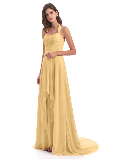 Ensley Court Train High-low Halter Chiffon Bridesmaid Dresses