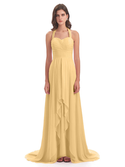 Ensley Court Train High-low Halter Chiffon Bridesmaid Dresses