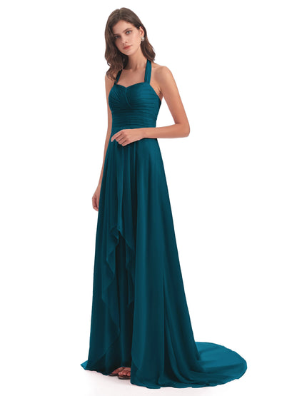Ensley Court Train High-low Halter Chiffon Bridesmaid Dresses