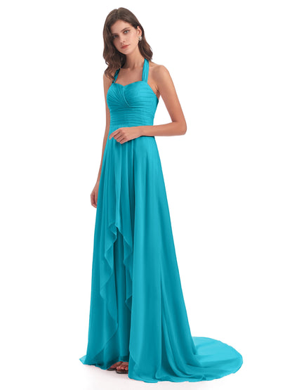 Ensley Court Train High-low Halter Chiffon Bridesmaid Dresses