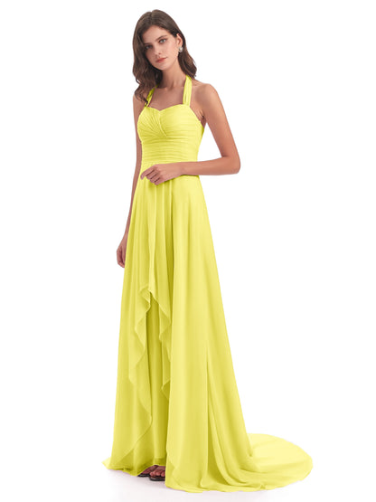 Ensley Court Train High-low Halter Chiffon Bridesmaid Dresses