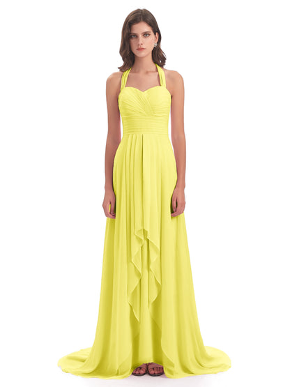 Ensley Court Train High-low Halter Chiffon Bridesmaid Dresses