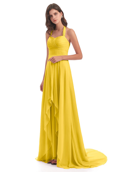 Ensley Court Train High-low Halter Chiffon Bridesmaid Dresses