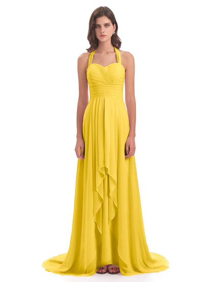 Ensley Court Train High-low Halter Chiffon Bridesmaid Dresses