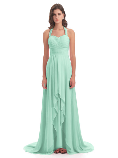 Ensley Court Train High-low Halter Chiffon Bridesmaid Dresses