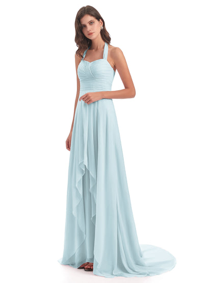 Ensley Court Train High-low Halter Chiffon Bridesmaid Dresses