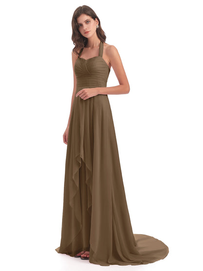 Ensley Court Train High-low Halter Chiffon Bridesmaid Dresses