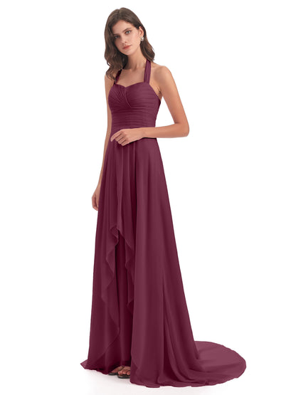 Ensley Court Train High-low Halter Chiffon Bridesmaid Dresses