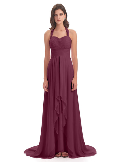 Ensley Court Train High-low Halter Chiffon Bridesmaid Dresses