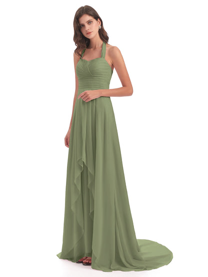 Ensley Court Train High-low Halter Chiffon Bridesmaid Dresses