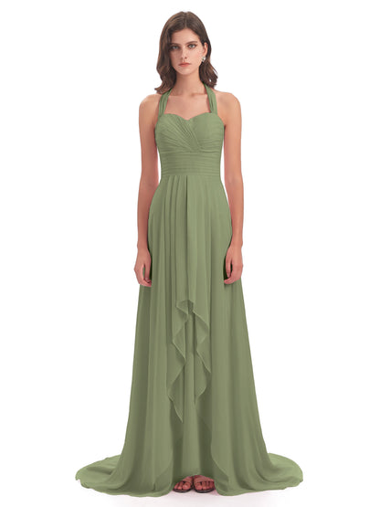 Ensley Court Train High-low Halter Chiffon Bridesmaid Dresses