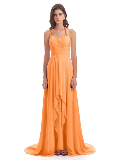 Ensley Court Train High-low Halter Chiffon Bridesmaid Dresses