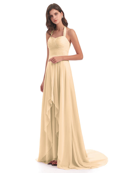 Ensley Court Train High-low Halter Chiffon Bridesmaid Dresses
