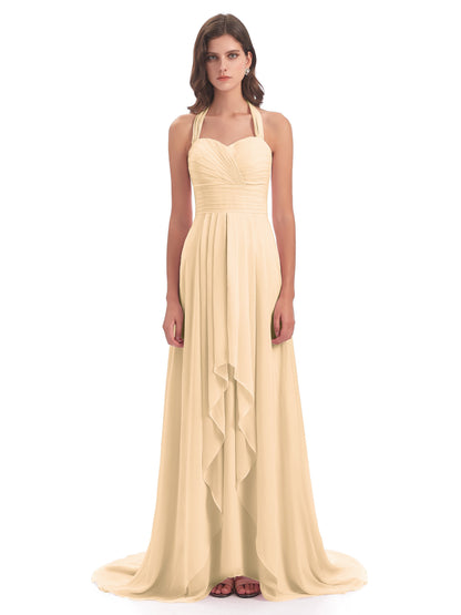 Ensley Court Train High-low Halter Chiffon Bridesmaid Dresses
