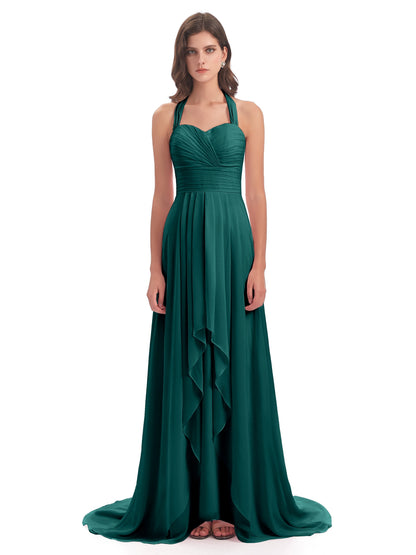 Ensley Court Train High-low Halter Chiffon Bridesmaid Dresses