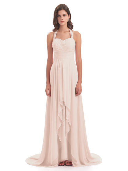 Ensley Court Train High-low Halter Chiffon Bridesmaid Dresses