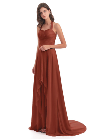 Ensley Court Train High-low Halter Chiffon Bridesmaid Dresses