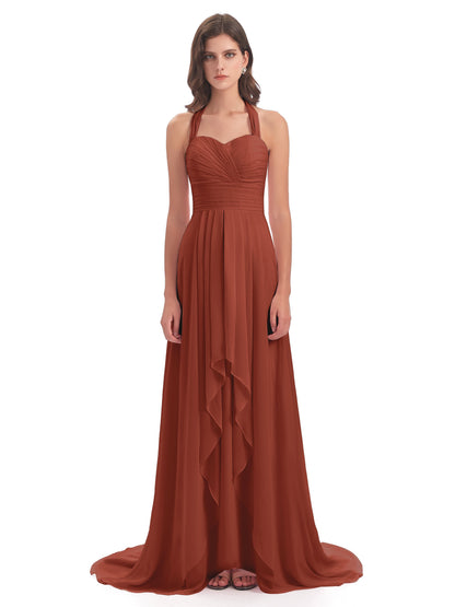 Ensley Court Train High-low Halter Chiffon Bridesmaid Dresses
