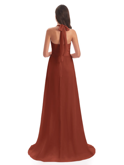 Ensley Court Train High-low Halter Chiffon Bridesmaid Dresses