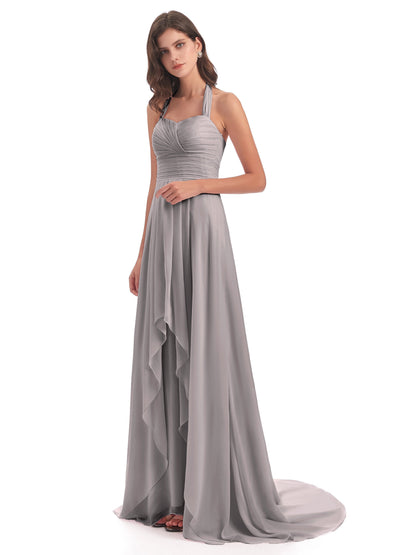 Ensley Court Train High-low Halter Chiffon Bridesmaid Dresses