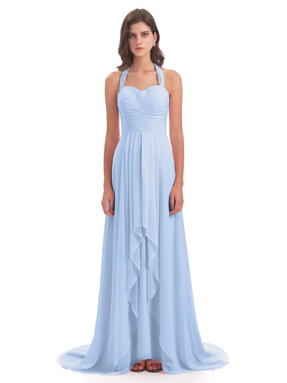Ensley Court Train High-low Halter Chiffon Bridesmaid Dresses
