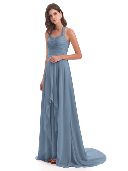 Ensley Court Train High-low Halter Chiffon Bridesmaid Dresses