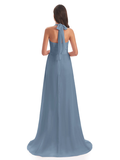 Ensley Court Train High-low Halter Chiffon Bridesmaid Dresses