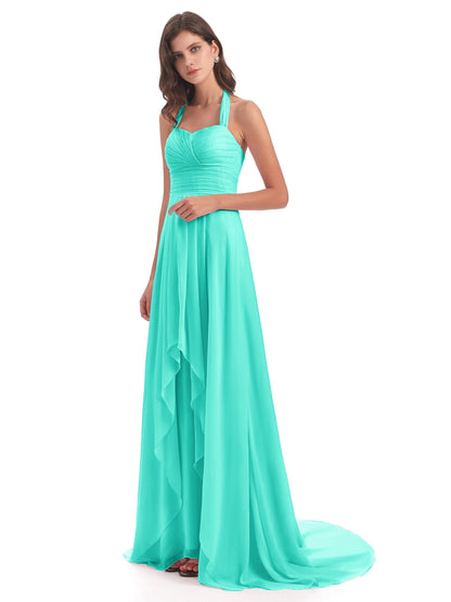 Ensley Court Train High-low Halter Chiffon Bridesmaid Dresses