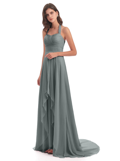 Ensley Court Train High-low Halter Chiffon Bridesmaid Dresses
