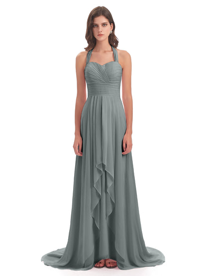 Ensley Court Train High-low Halter Chiffon Bridesmaid Dresses