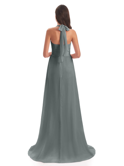 Ensley Court Train High-low Halter Chiffon Bridesmaid Dresses