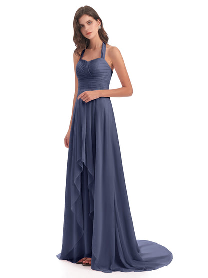 Ensley Court Train High-low Halter Chiffon Bridesmaid Dresses