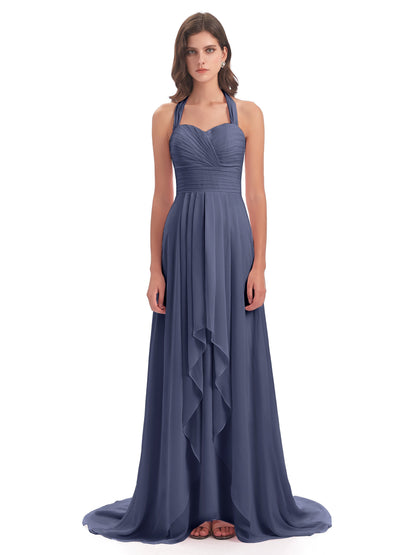 Ensley Court Train High-low Halter Chiffon Bridesmaid Dresses