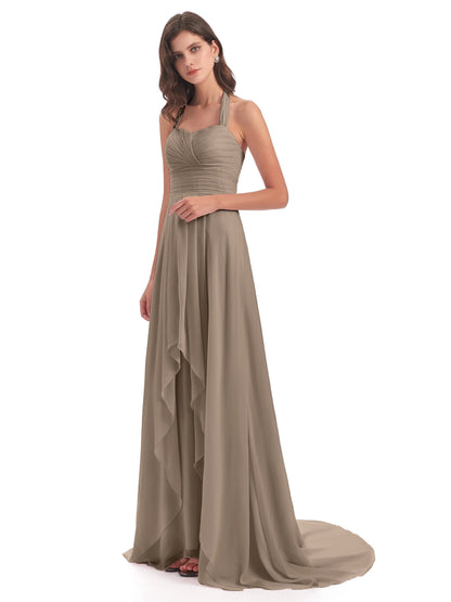 Ensley Court Train High-low Halter Chiffon Bridesmaid Dresses
