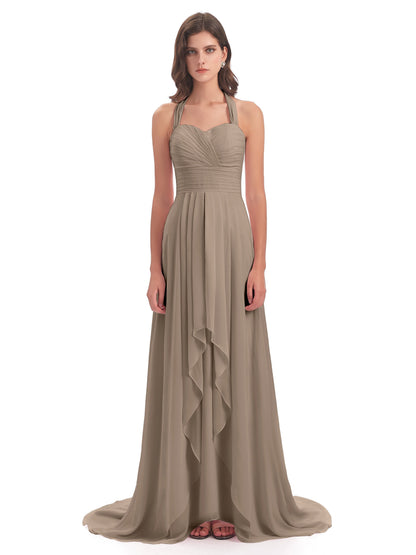 Ensley Court Train High-low Halter Chiffon Bridesmaid Dresses