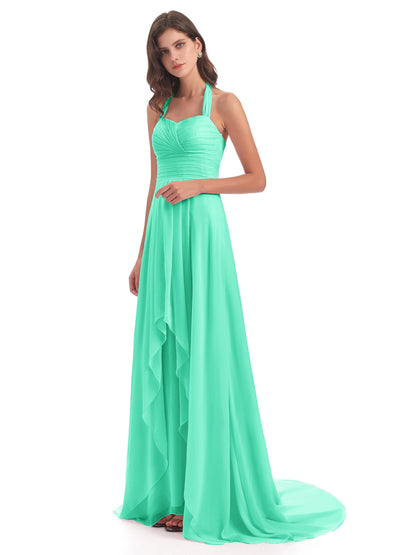 Ensley Court Train High-low Halter Chiffon Bridesmaid Dresses