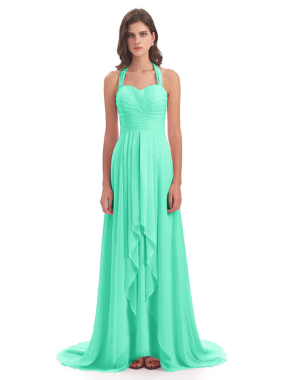 Ensley Court Train High-low Halter Chiffon Bridesmaid Dresses
