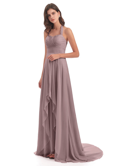 Ensley Court Train High-low Halter Chiffon Bridesmaid Dresses