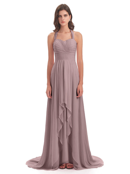 Ensley Court Train High-low Halter Chiffon Bridesmaid Dresses