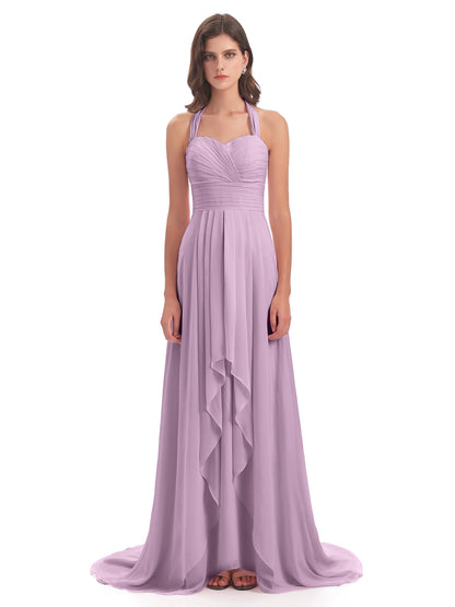 Ensley Court Train High-low Halter Chiffon Bridesmaid Dresses