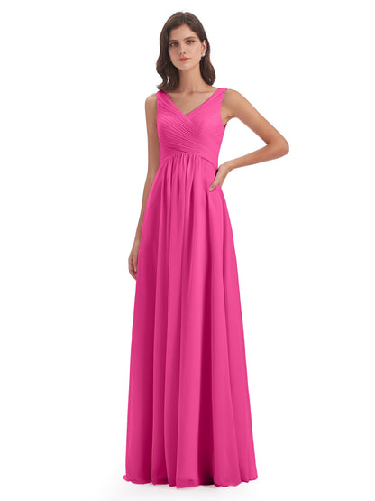 Evalyn V-neck Straps Chiffon Long Bridesmaid Dresses