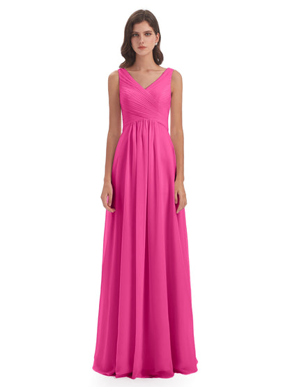 Evalyn V-neck Straps Chiffon Long Bridesmaid Dresses