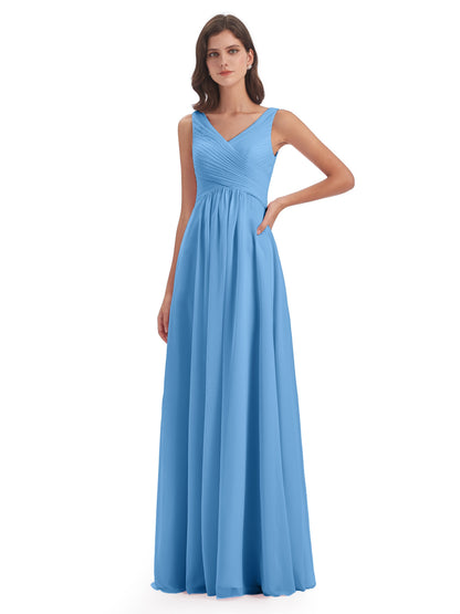 Evalyn V-neck Straps Chiffon Long Bridesmaid Dresses