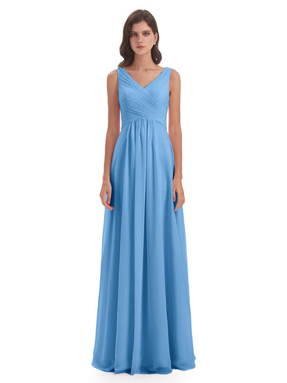 Evalyn V-neck Straps Chiffon Long Bridesmaid Dresses