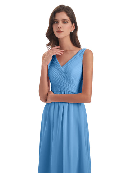 Evalyn V-neck Straps Chiffon Long Bridesmaid Dresses
